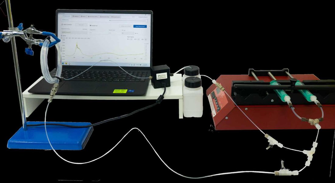 Banc de chimie en flux, pousse-seringues et module moyen infrarouge inséré dans la ligne