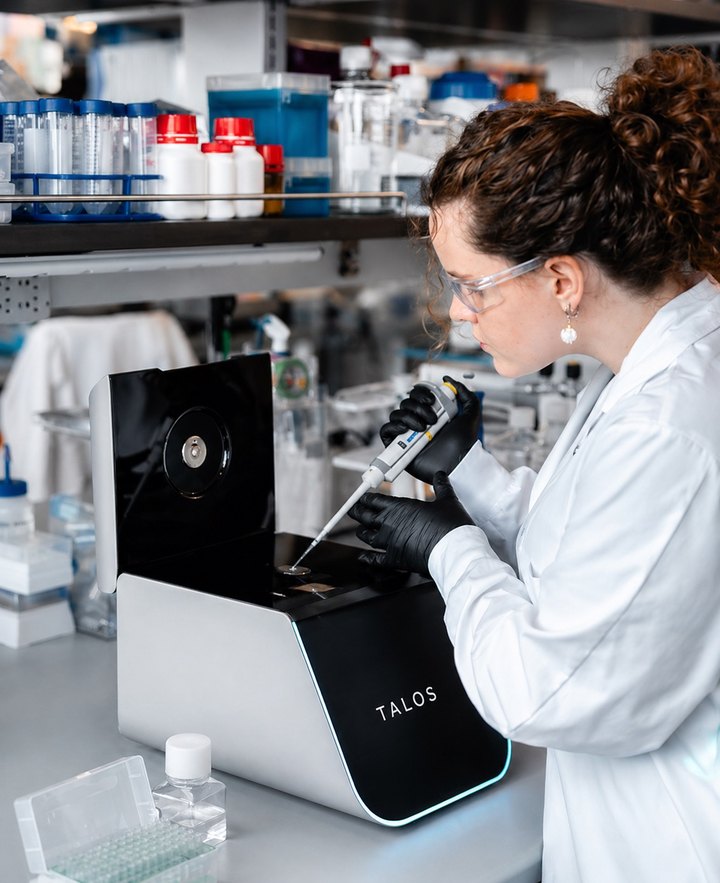 Opératrice déposant un échantillon à la pipette dans l'instrument TALOS ouvert, sur une paillasse de laboratoire
